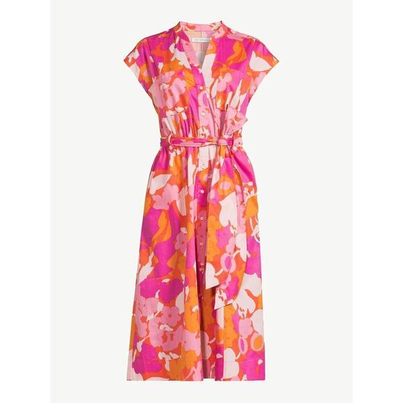 Free Assembly Women’s Pink Orange Belted Short Sleeves Midi Shirt Dress Size XL - Picture 3 of 6